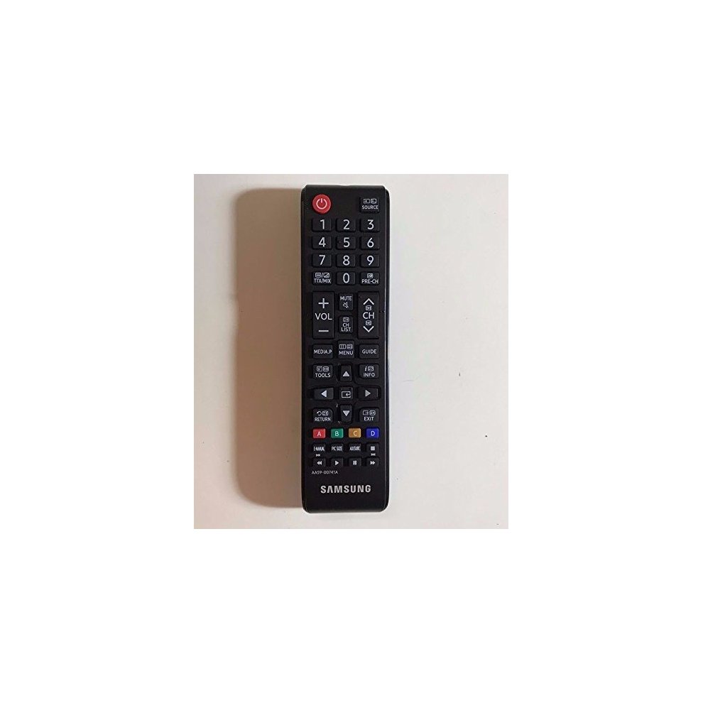 Black Samsung remote controller featuring a numeric keypad, volume and channel buttons, and a red power button at the top.