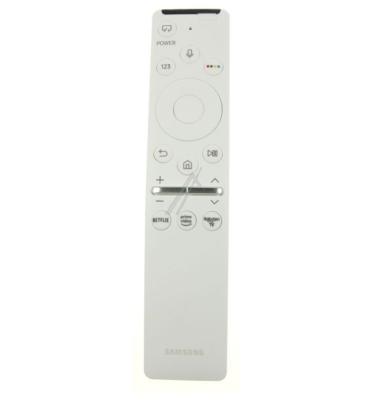 Slim white remote control with a circular navigation pad, buttons for power, volume, and streaming services like Netflix and Prime Video, featuring a minimalist design.