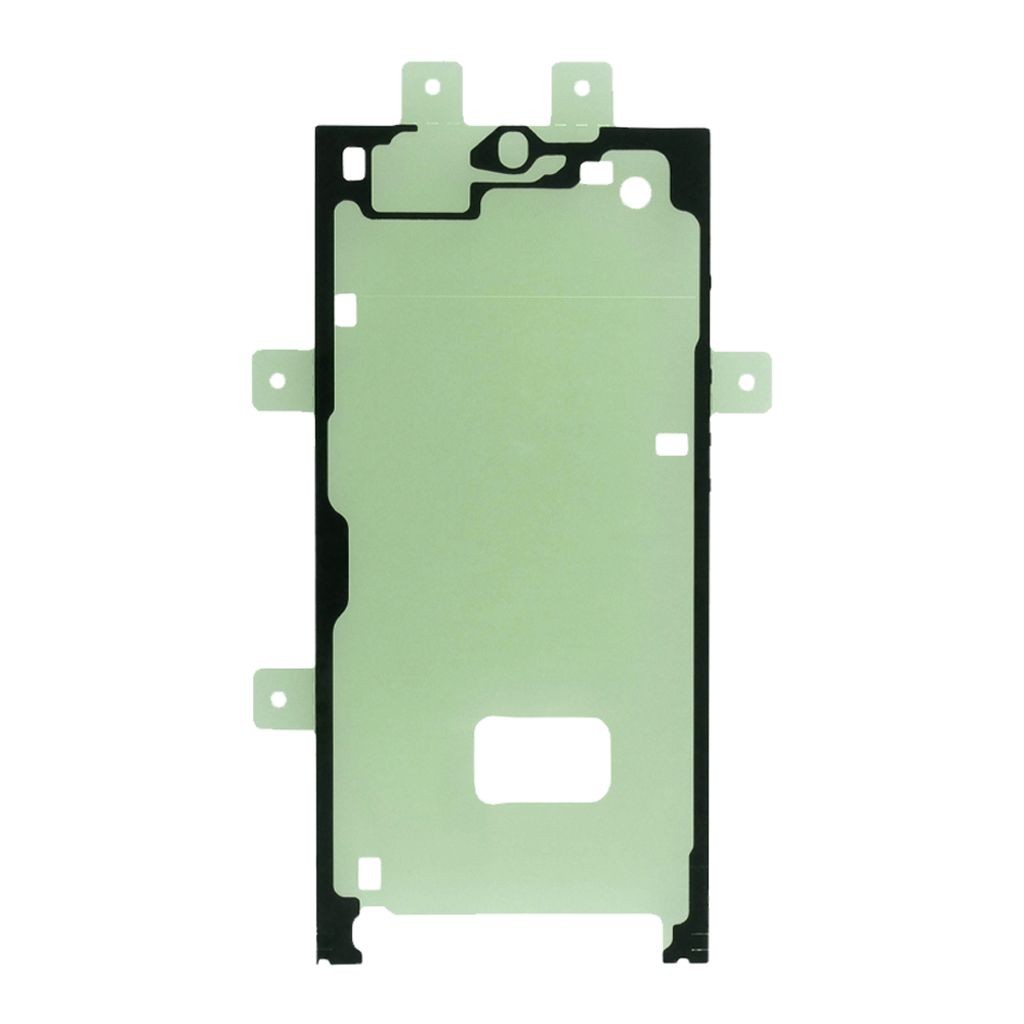 Samsung S-PE U WP is a green adhesive tape with a black border, featuring cutouts for components and mounting points, designed for device assembly and repair.