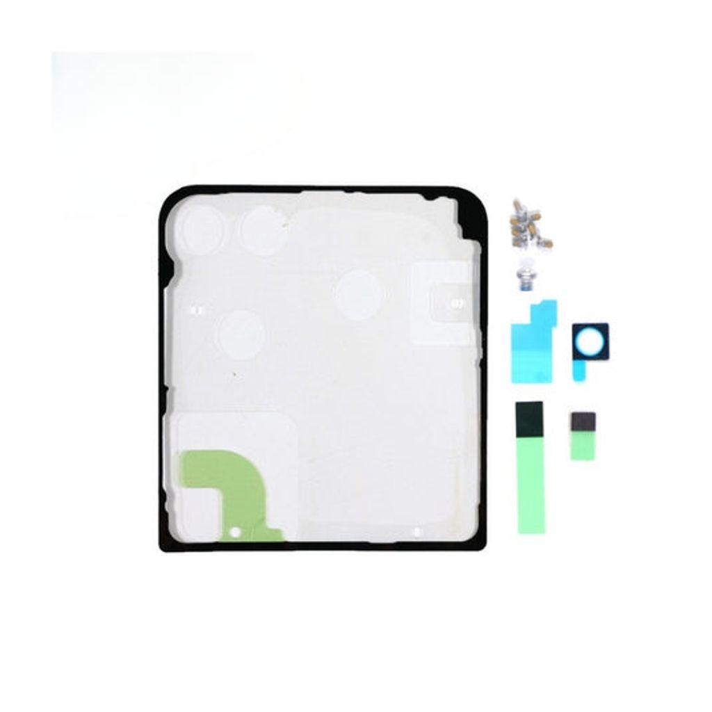 Transparent adhesive repair kit for Samsung devices, featuring various colored adhesive strips and small components, all on a white background.