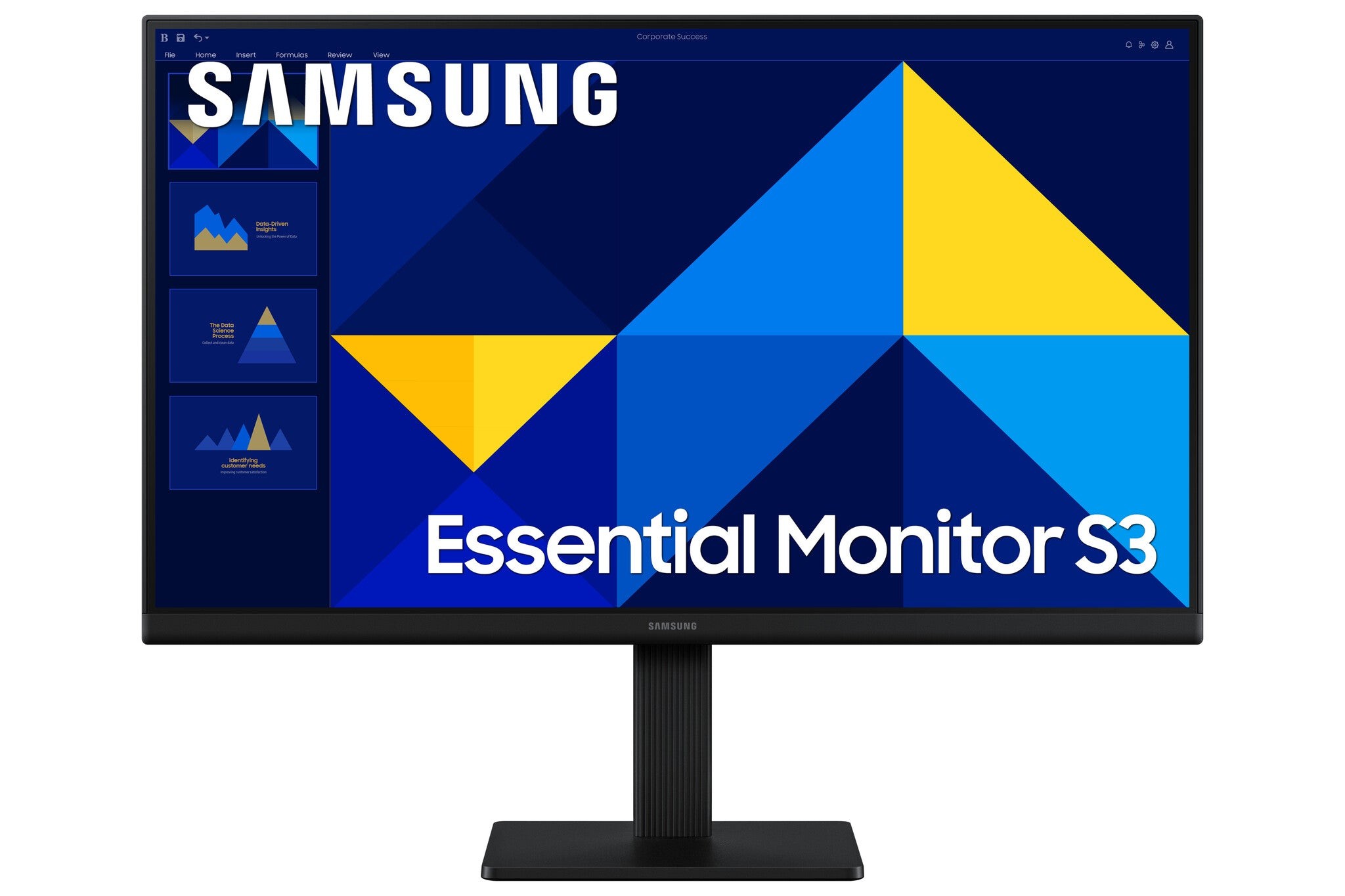 Samsung S22D300GAU monitor features a sleek black design with a 22-inch Full HD LCD display, showcasing vibrant colors and geometric graphics on the screen.