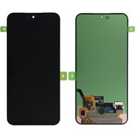 Samsung S23 FE screen with frame, black front display, green back, connectors visible on the rear side.