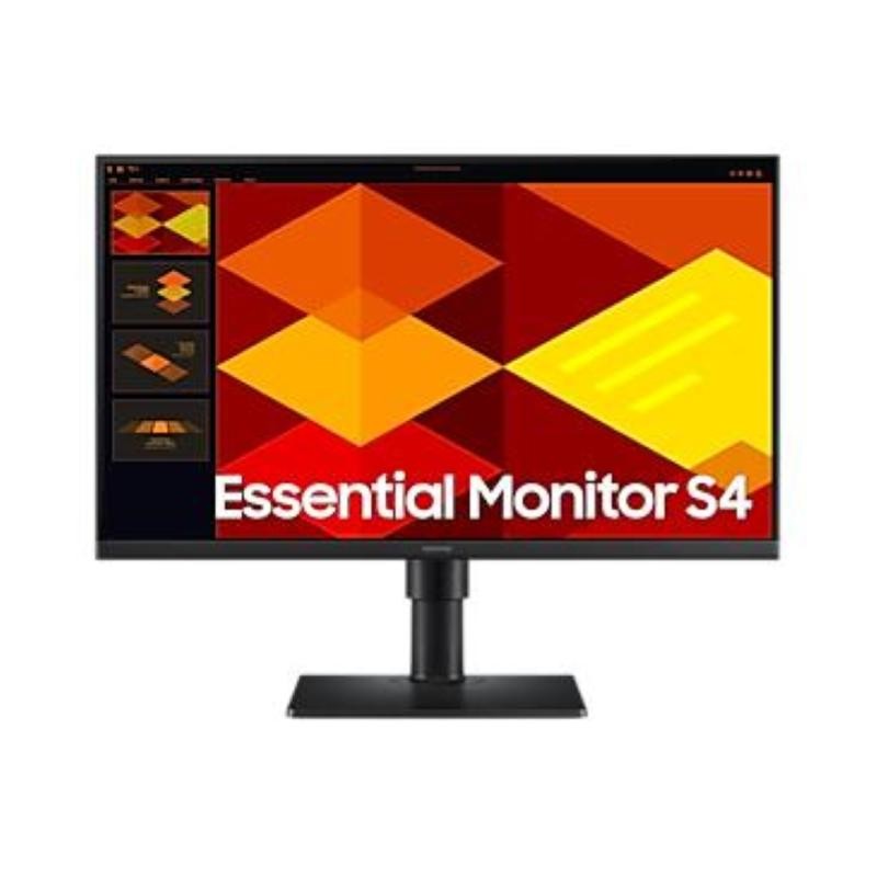 Samsung S40GD 24" computer monitor with a sleek black stand, featuring a vibrant display showcasing geometric patterns in orange, yellow, and red, with a resolution of 1920 x 1080 pixels.