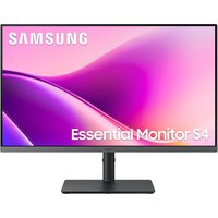 Samsung S43UF 27" Full HD LCD monitor, black with slim bezels, rectangular stand, displaying vibrant purple-pink screen.