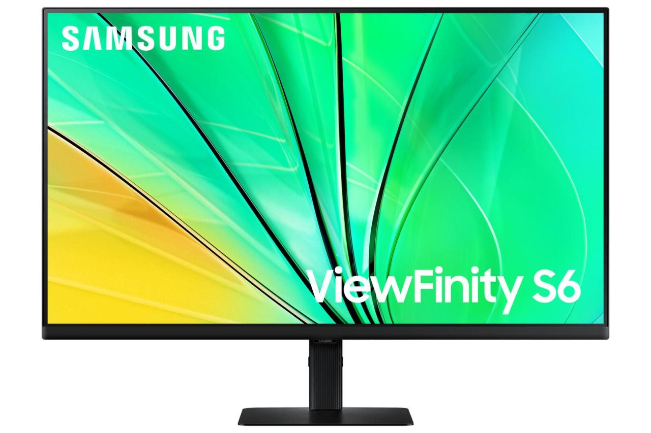 Samsung S60D 32" monitor featuring a sleek black design, vibrant green and yellow display, and a high resolution of 2560 x 1440 pixels, ideal for detailed visuals.
