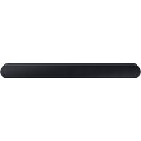 Black Samsung S60D soundbar, sleek design, rounded edges, horizontal speaker grille, minimalistic style.