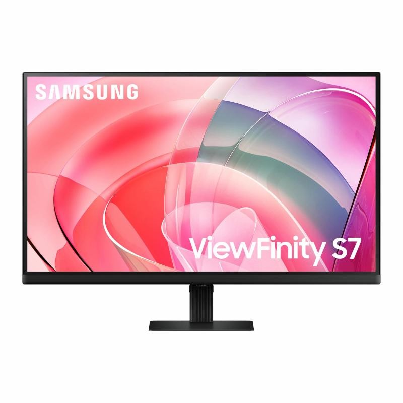 Samsung S70D 27" computer monitor with a sleek black frame, featuring a vibrant 4K display with a colorful abstract design, and a sturdy black stand.