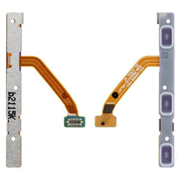 Samsung S901 S906 S22/S22+ Power button flex cable in metallic silver with orange ribbon connector, featuring two white buttons for power and volume control.