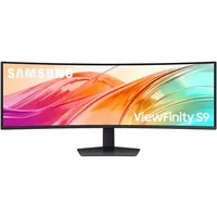 Curved Samsung S95UC 49" monitor, black frame, dual QHD display, vibrant abstract screen design, sturdy stand.
