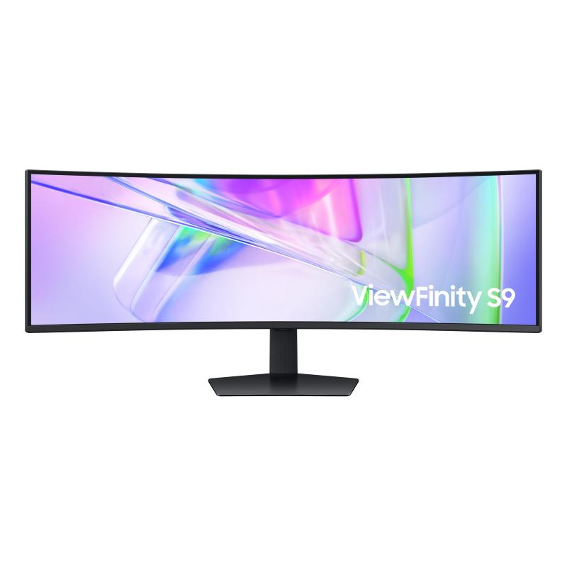 Samsung S95UC 49" curved computer monitor with a sleek black stand, featuring a vibrant display with 5120 x 1440 pixel resolution and modern design elements.