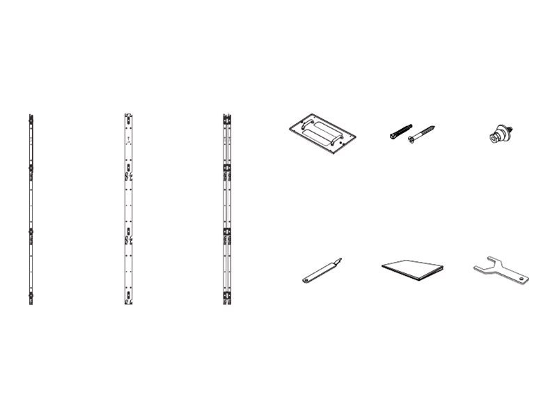 Samsung LED IFSERIES 6X3 FRAME KIT includes metal frame pieces, mounting brackets, screws, a tool, and a rectangular panel, all in a sleek, industrial design.