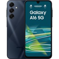 Black Samsung Galaxy A16 5G smartphone with triple rear cameras and 6.7-inch display showing colorful graphics.