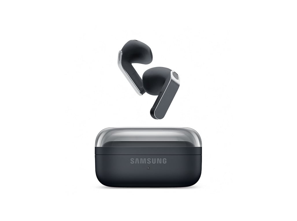 Black Samsung Galaxy Buds4 with a sleek design, featuring a glossy charging case, and the earbuds have a matte finish with silver accents.