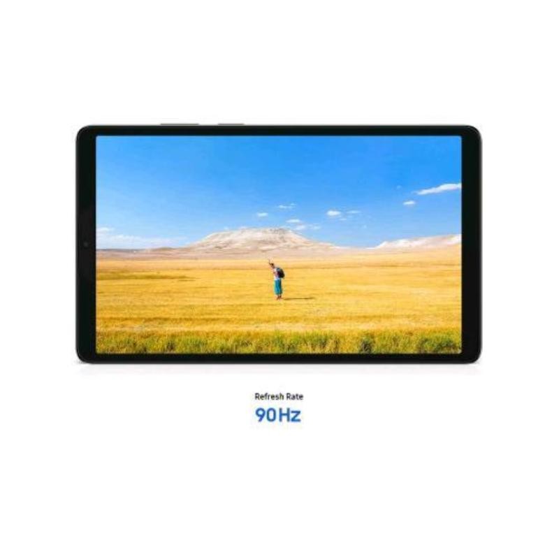 Samsung Galaxy Tab A11 in grey, featuring a vibrant display showcasing a landscape with a person in a field, highlighted by a 90Hz refresh rate.