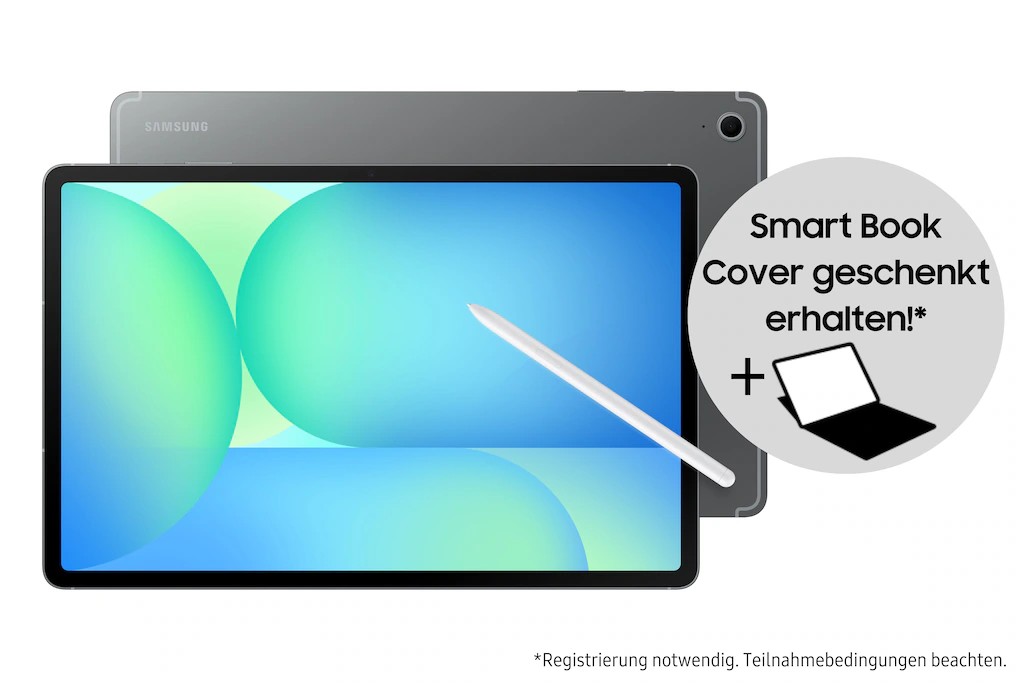 Samsung SM-X620NZAREUE tablet with a sleek gray design, featuring a large 13.1-inch display, stylus pen, and a promotional offer for a complimentary Smart Book Cover.