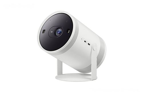 White Samsung SP-LFF3CLAX projector module featuring a round design, a black lens front, and a sturdy stand, with side buttons and ventilation holes for optimal performance.