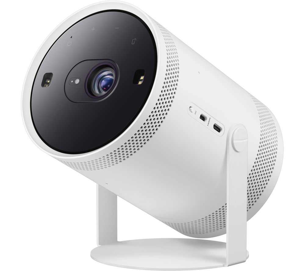 Compact white projector with a cylindrical design, featuring a black lens area, control buttons on top, and various input ports on the side, designed for Full HD HDR projection.
