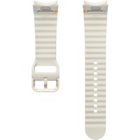 Cream Samsung Sport Band for Galaxy Watch 7, ribbed texture, adjustable holes, silver buckle.