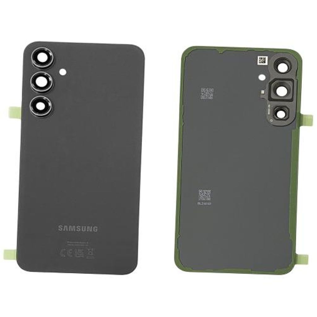 Samsung SVC Cover Ssy in matte black with three circular camera cutouts and green edges, designed for protection and a sleek appearance.