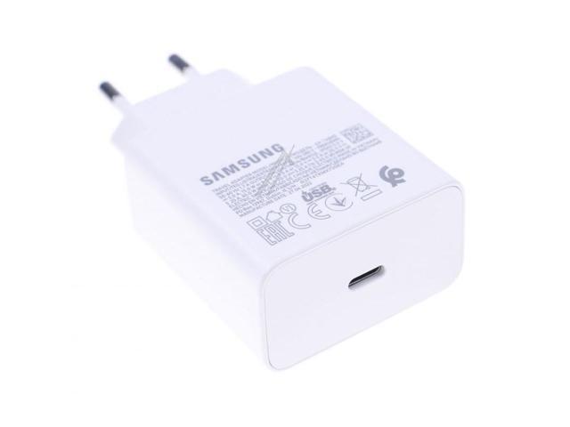 White Samsung charger with a USB-C port, featuring a compact design and safety certifications printed on the side.
