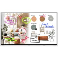 75-inch Samsung The Flip WMFX digital whiteboard with touchscreen, displaying colorful design sketches and notes.
