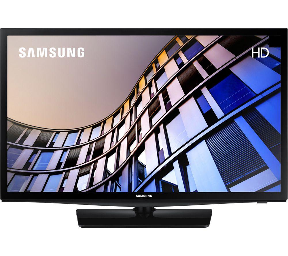 Samsung 24-inch Smart HD Ready LED TV in black, featuring a sleek design with a curved screen displaying vibrant colors and the Samsung logo prominently at the top left.