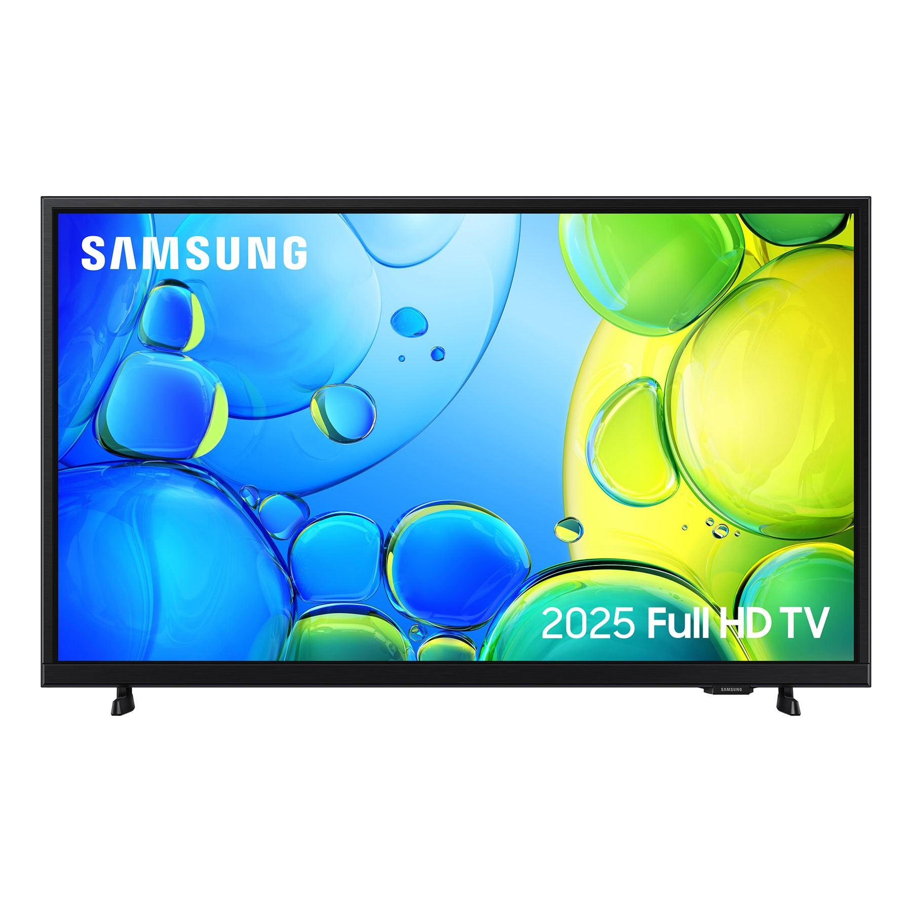 Samsung 32" Full HD F6000 Smart TV in black, featuring a sleek design, vibrant blue and green bubble graphics on the screen, and a modern stand.