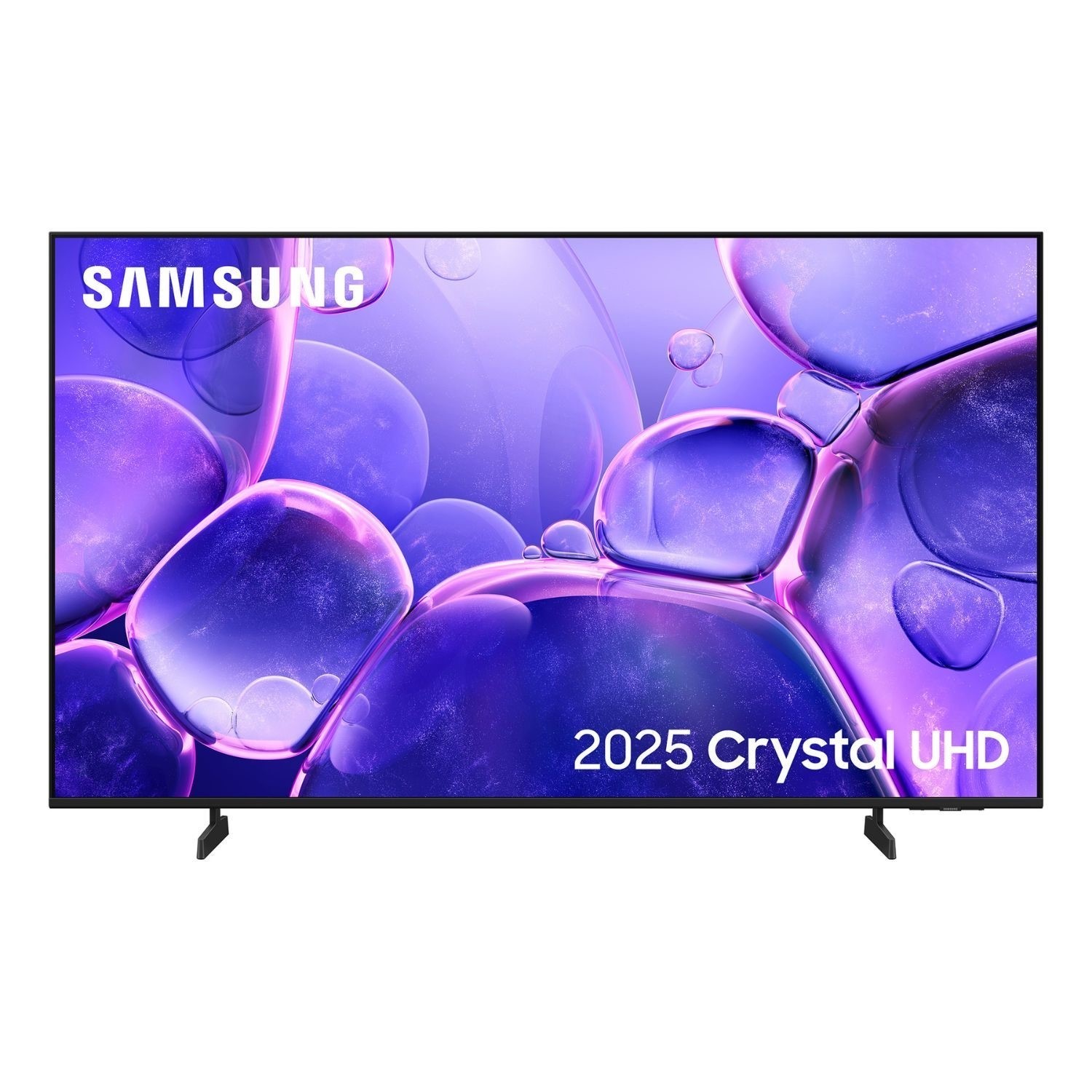 Samsung 2025 Crystal UHD TV featuring a vibrant purple and blue abstract design, sleek black frame, and sturdy dual stand legs.