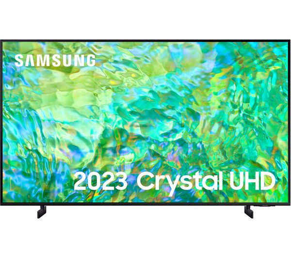 Samsung UE55CU8000 55" Crystal UHD 4K HDR Smart TV featuring a sleek black frame and vibrant, colorful display with a wavy green and blue abstract pattern.