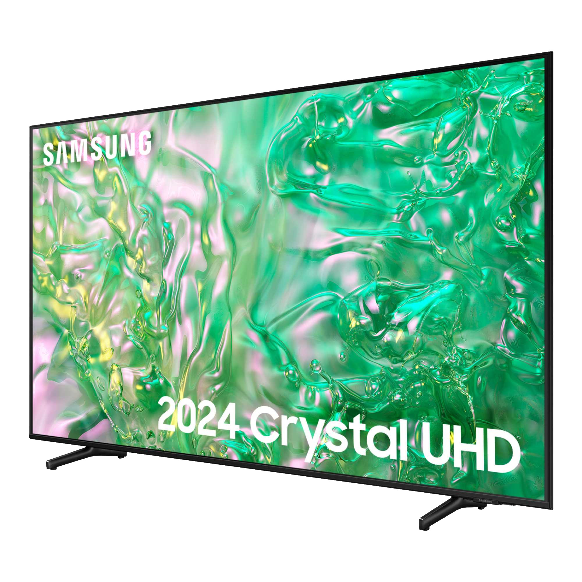 Samsung 55-inch DU8000 Crystal UHD 4K Smart TV features a sleek black frame, vibrant green abstract display, and stands on two minimalist black legs, showcasing 2024 branding.