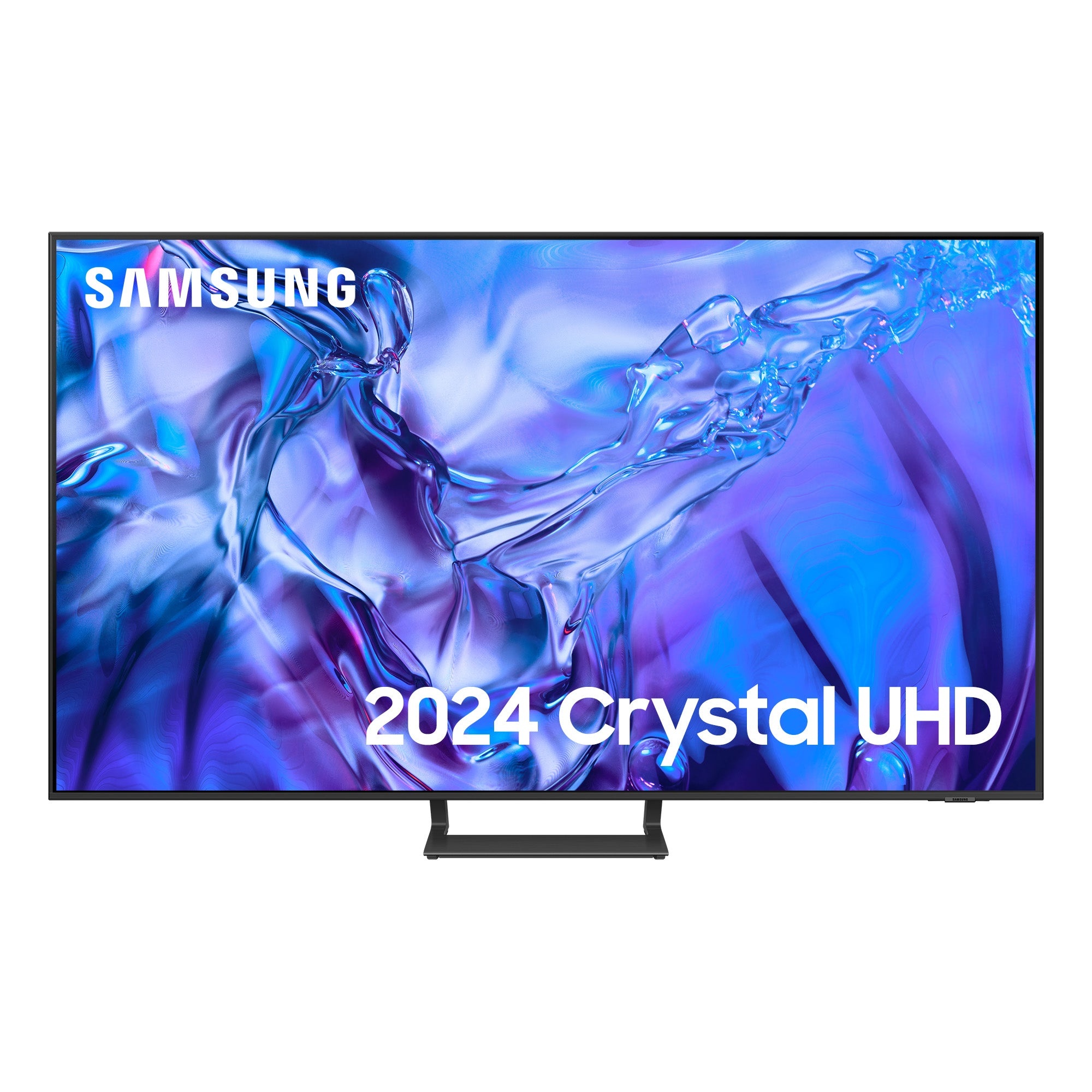Samsung 55-inch DU8500 4K Crystal UHD HDR Smart TV, featuring a sleek black frame, vibrant display with abstract purple and blue graphics, and bold "2024 Crystal UHD" text.