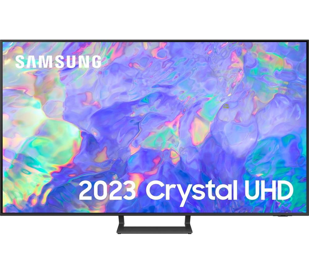 Samsung UE75CU8500KXXU Series 8 75" UHD 4K HDR Smart TV featuring a sleek black frame, vibrant colorful display, and a modern stand, showcasing the "2023 Crystal UHD" logo.
