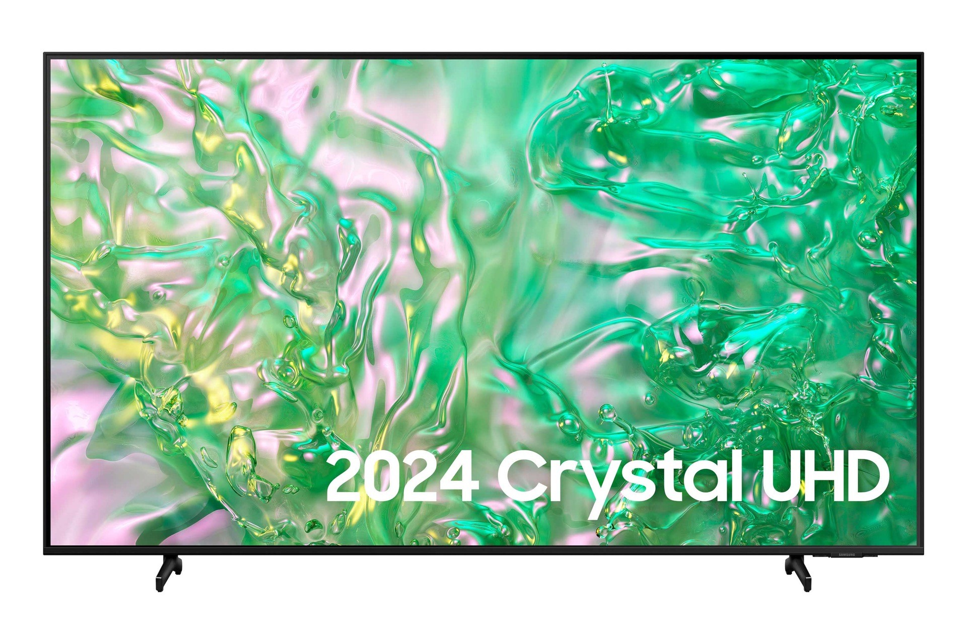Samsung UE75DU8070UXXU 75" Crystal UHD 4K Smart TV featuring a sleek black frame, vibrant green and pink abstract screen design, and modern stand.