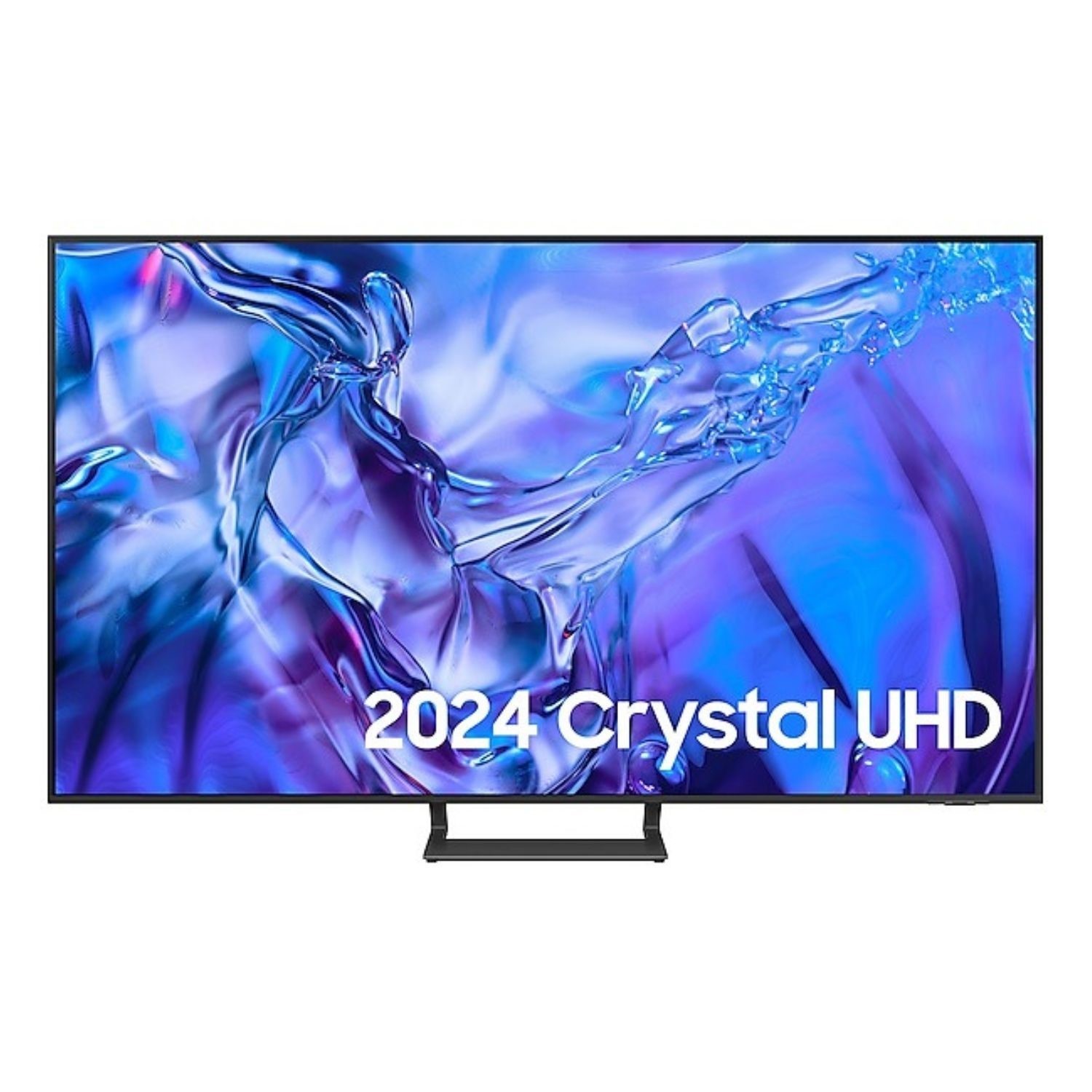 Samsung 75-inch DU8500 4K Crystal UHD HDR Smart TV with a sleek black frame, displaying vibrant blue and purple abstract visuals, featuring "2024 Crystal UHD" text prominently.