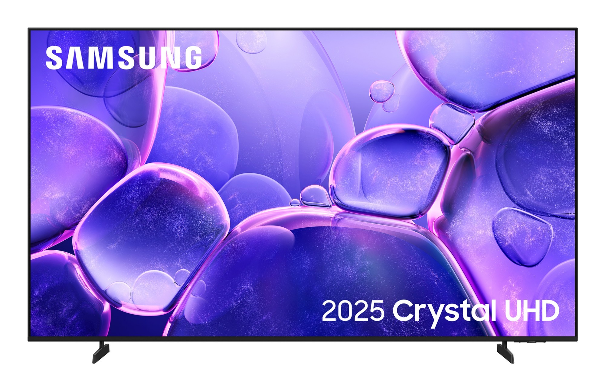 Samsung 75" 4K Ultra HD Smart TV in black with a sleek design, displaying vibrant purple and blue abstract bubbles on the screen, featuring the "2025 Crystal UHD" logo.