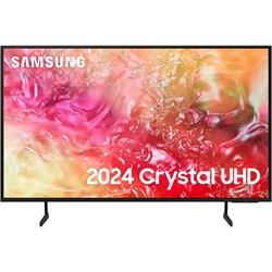 Samsung UE85DU7100 85" UHD 4K HDR LED Smart TV features a sleek black frame, vibrant colorful display, and stands on two minimalist legs, showcasing advanced crystal UHD technology.