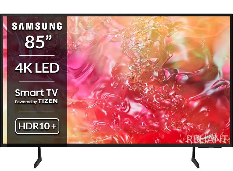 Samsung 85" DU7110 4K Crystal UHD Smart TV featuring a sleek black frame, vibrant display with colorful abstract patterns, and Tizen operating system with HDR10+ support.