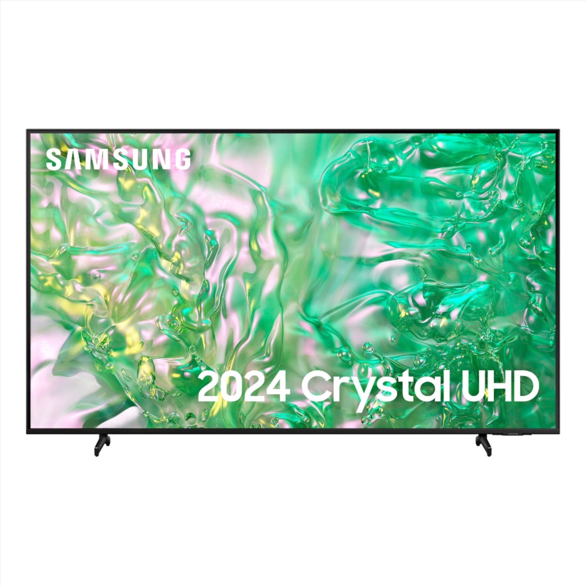 Samsung UE85DU8000 85" Crystal UHD 4K HDR LED Smart TV featuring a sleek black frame, vibrant green abstract display, and bold "2024 Crystal UHD" text at the bottom.