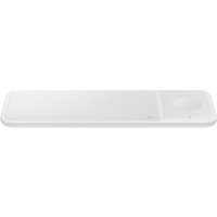 White Samsung Wireless Charger Trio with sleek rectangular design and three charging areas for multiple devices.
