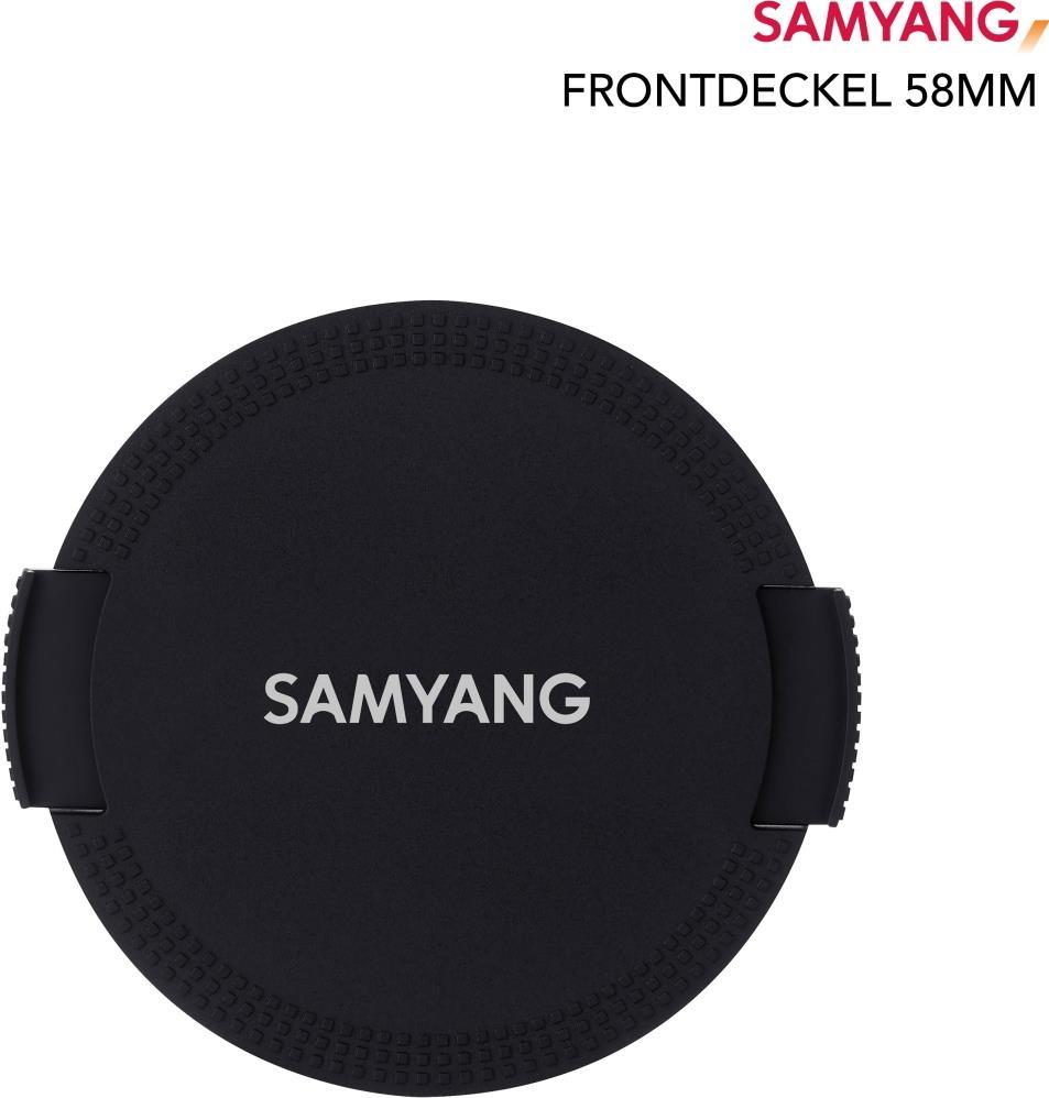 Black lens cap with textured grip, featuring the "SAMYANG" logo in silver, designed for 58mm lenses.