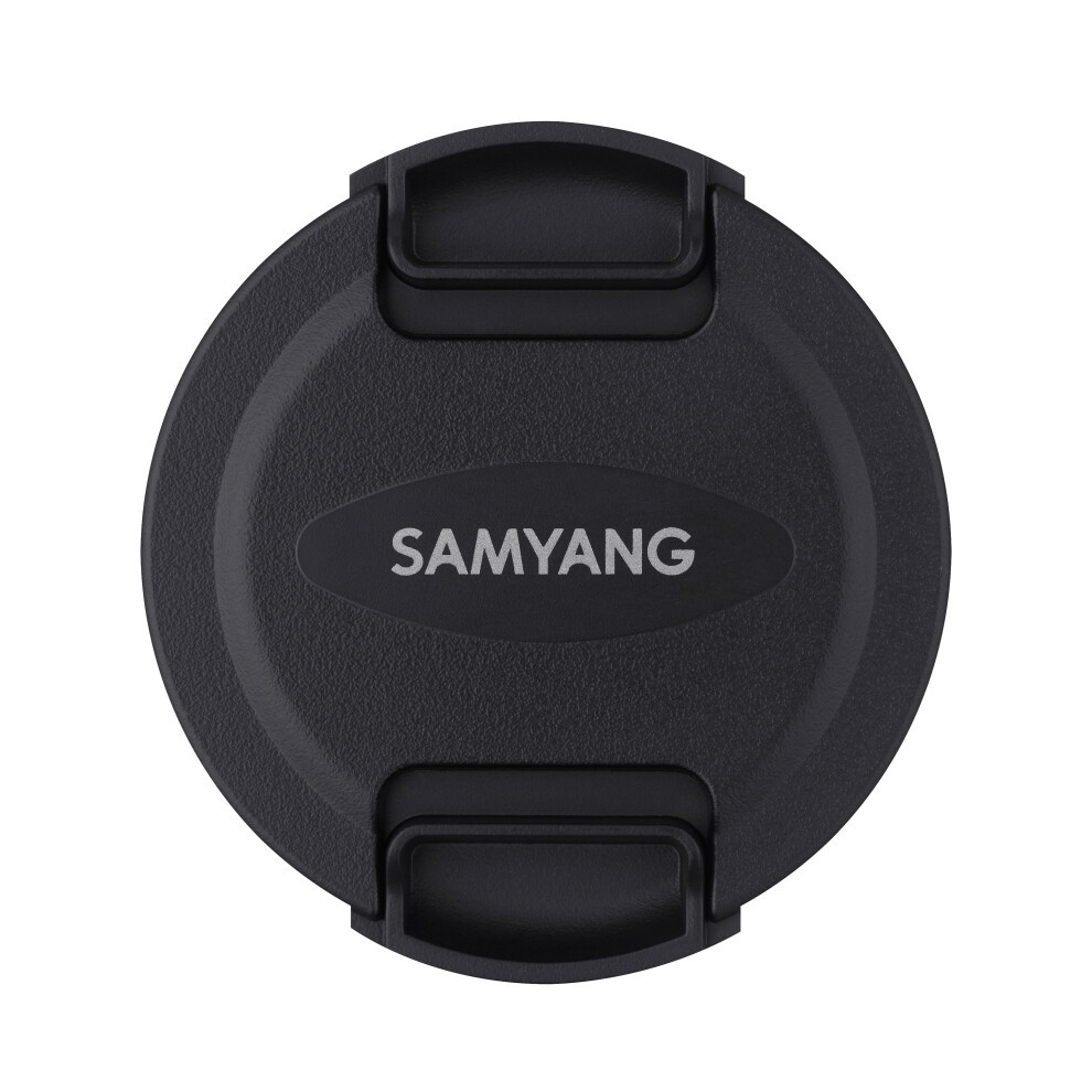 Round black lens cap with a textured surface and the "SAMYANG" logo prominently displayed in the center.