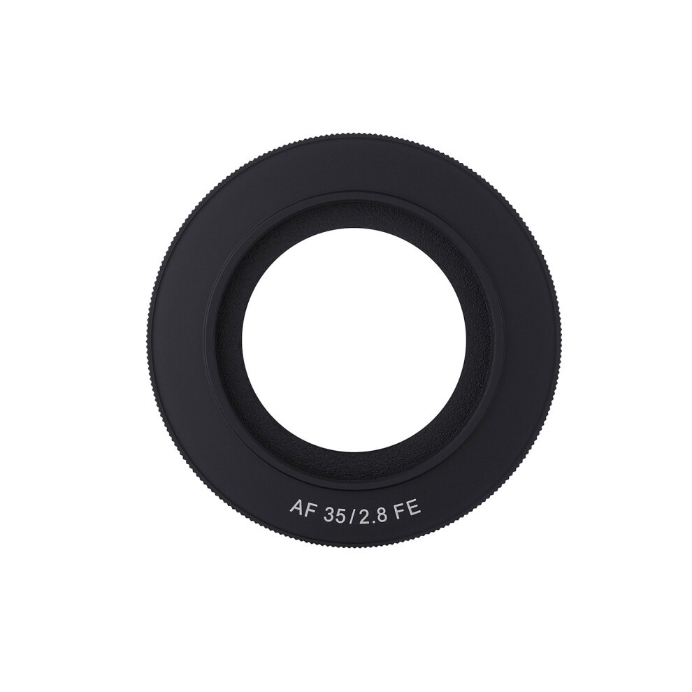 Black lens adapter with a smooth surface and textured grip, featuring engraved text "AF 35/2.8 FE" on the side, designed for use with Samyang cameras.