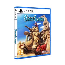 Blue PS5 game case featuring "Sand Land" title, depicting a desert landscape with characters in a vehicle and a dinosaur, along with the age rating of 12.