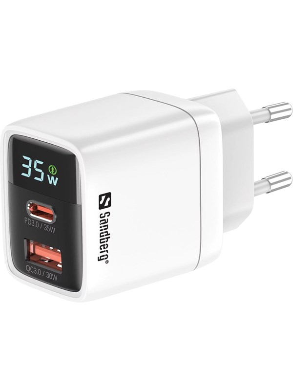 White Sandberg 2in1 Charger with one USB-C and one USB port, featuring a digital display showing 35W, designed for fast charging with a compact plug.
