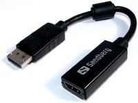 Black Sandberg DisplayPort to HDMI adapter with a short cable, featuring a USB connector on one end and an HDMI port on the other, marked with the Sandberg logo.