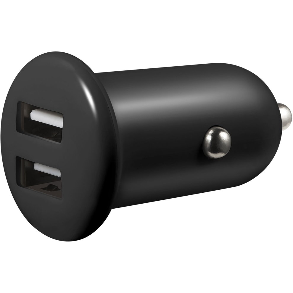 Black Sandberg car charger with two USB ports, featuring a 1A and a 2.1A output, made of durable plastic with a sleek, rounded design.