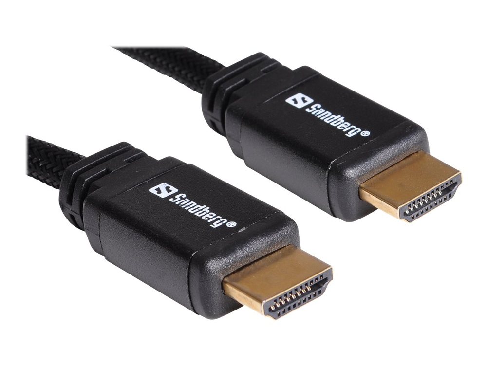 Black HDMI 2.0 cable with gold-plated connectors on both ends, featuring a durable braided exterior for enhanced flexibility and durability.