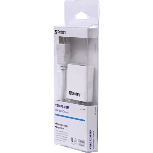 Sandberg HDMI to VGA Converter in a clear plastic packaging, featuring a white adapter with HDMI and VGA ports, labeled with product details and specifications.