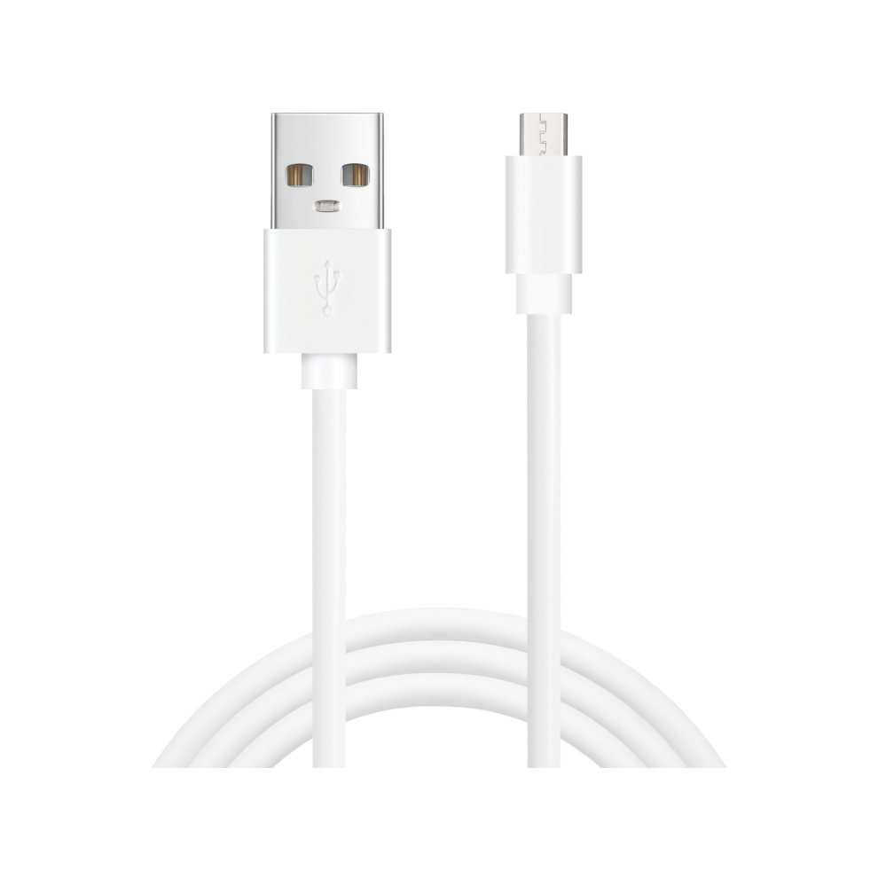 White 1m MicroUSB sync and charge cable with a standard USB connector on one end and a MicroUSB connector on the other, featuring a flexible plastic material.