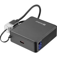 Black Sandberg Nano Powerbank 10000 PD20W, compact square design, USB-C port, LED indicators, attached charging cable.